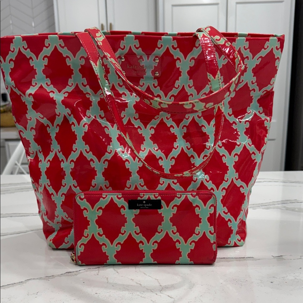 Kate Spade New York Red & Aqua Geometric Tote + Zip Wallet Set